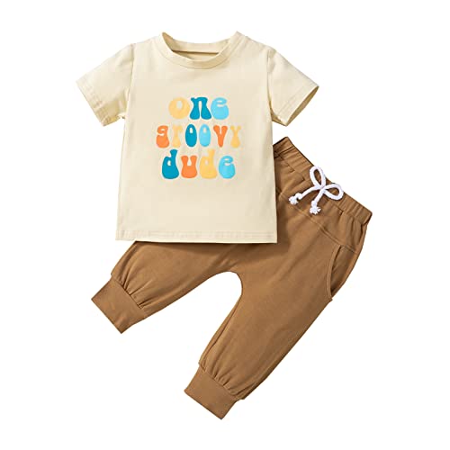 1st Birthday Baby Boy Outfit Groovy One/Two Groovy Short Sleeve Letters T-Shirt + Shorts/Pants Boy Summer Clothes (One Groovy Dude Pants,6-12 Months)