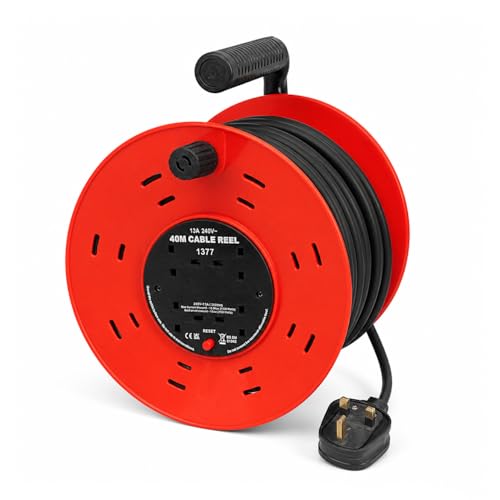 Image of Extension Lead 40m Round Red, 4 Socket Outdoor Heavy Duty Cable Reel with Thermal Cut-Out Protection, 13A Fused UK Plug for Garden Lawn Mower Workshop DIY