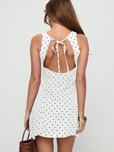 LOFAAC Women Sexy Polka Dots Tie Back Mini Dress Y2K Slim Fit Sleeveless Crew Neck Backless Going Out Short Dress3