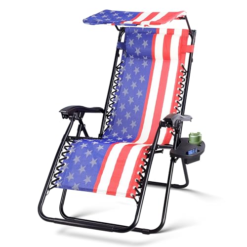 Colorsoul Zero Gravity Chair Folding Outdoor Recliner Adjustable Patio Lounge Chair with Canopy Shade Side Cup Holder Tray Removable Headrest for Lawn Beach Support 400lbs (American Flag)
