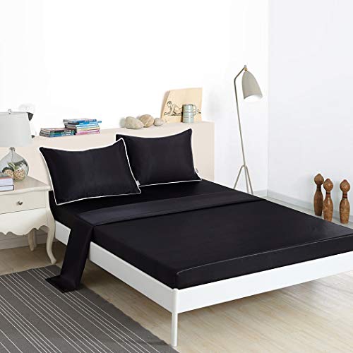 Thmyo 3-Piece Satin Bedding Set,Satin Fitted Sheet With Pillowcases,Soft Comfort Hypoallergenic Breathable Bedding Set (1 Fitted Sheet+2 Pillowcases) (Black, Full) #TOP2