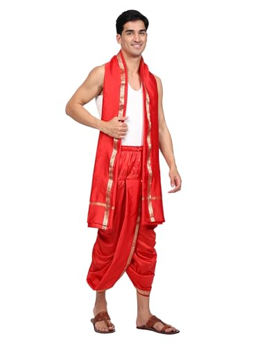 Image of Rameshwaram Fabrics Mens Ready to Wear Silk Dhoti with Angwastra Set - Pocket Dhothi