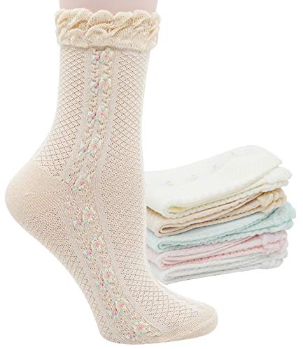Lovful Womens Ruffle Trim Elastic Casual Socks, Cute Cotton Crew Frilly Socks, Thin Soft Dress Socks 5 Pairs, Multicolored #TOP5