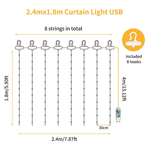 Hoteril LED USB Lichtervorhang 2.4mx1.8m, Lichterketten vorhang mit 8 Modi mit Fernbedienung Timer, IP65, verstellbare Helligkeit Lichterkettenvorhang für Deko, Garten, Pavillon, Party, Schlafzimmer