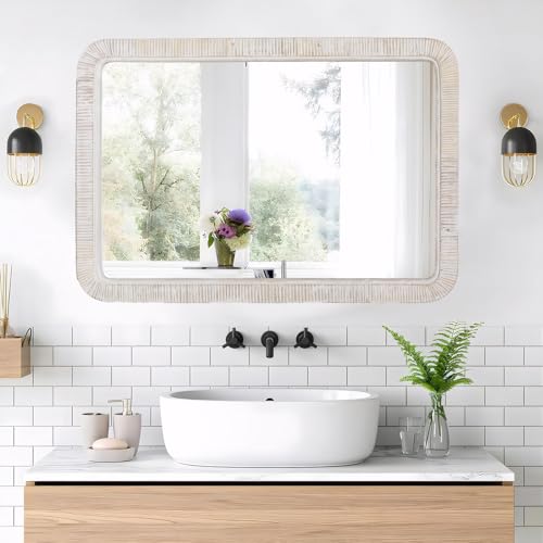 FUIN 20" x 30" Rattan Wicker Rectangle Wall Mounted Bathroom Mirror for Coastal Boho Nursery Decor, White Wash - Image 7