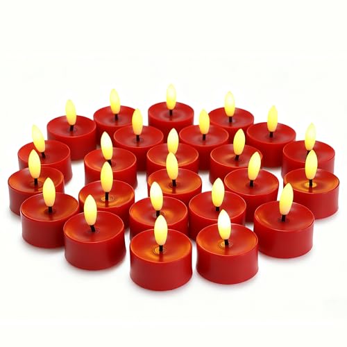 Image of CANDLE CHOICE Battery Operated Flameless Tea Lights Realistic Black Wick Bright Flickering LED Tealight Candles Wedding Table Centerpieces Halloween Christmas Decorations Batteries Incl. 24 Pack Red