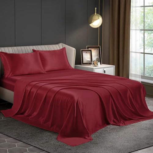 Image of Homestan Satin Bedsheet for King Size Bed with 2 Pillow Covers, Modern Bed Sheet for Romantic Nights(100x108 inches, Crimson Red)