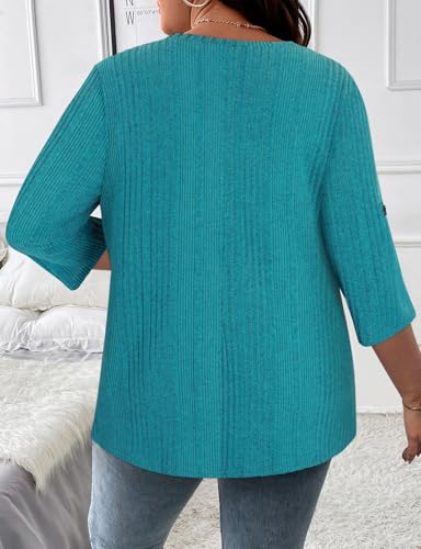 Image of Koscacy Women Plus Size V Neck 3 /4 Roll Sleeve Sweater Casual Knit Tops Solid Color Blouses