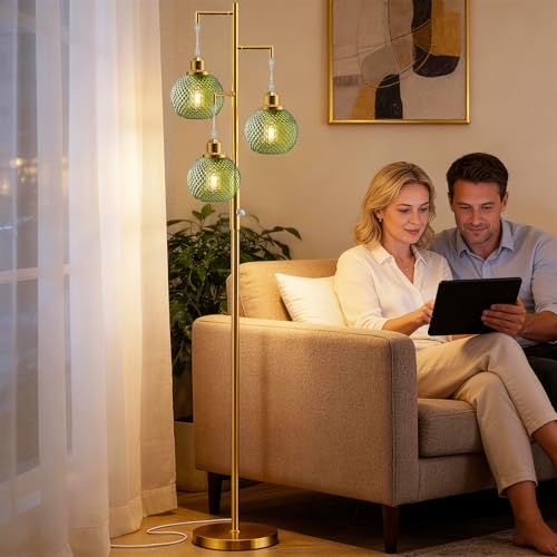 Image of Modern Glass Floor Lamps for Living Room, 3 Lights Standing Lamp, Green