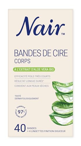 NAIR - Bandes De Cire Froide Corps, Spéciales Peaux Sèches, A l'Extrait d'Aloe Vera Bio, 97% d'Origine Naturelle, NaturAdvanced Technology, 40 Bandes