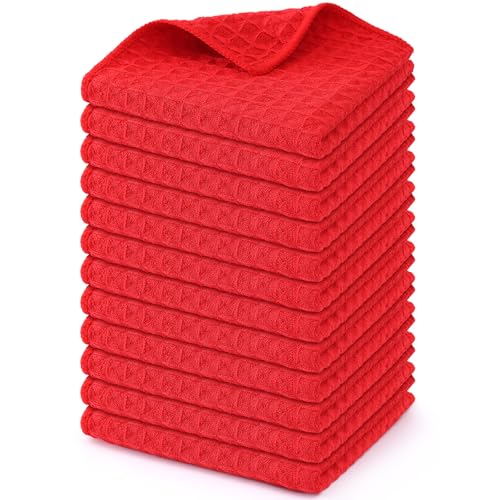 Homaxy Microfiber Waffle Weave Kitchen Dish Cloths, 12 Pack, Red