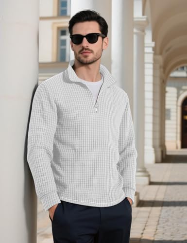 Mens Quarter Zip Pullover Quilted Sweatshirt Long Sleeve Waffle Sweater Half Zip Polo Sweatshirts2