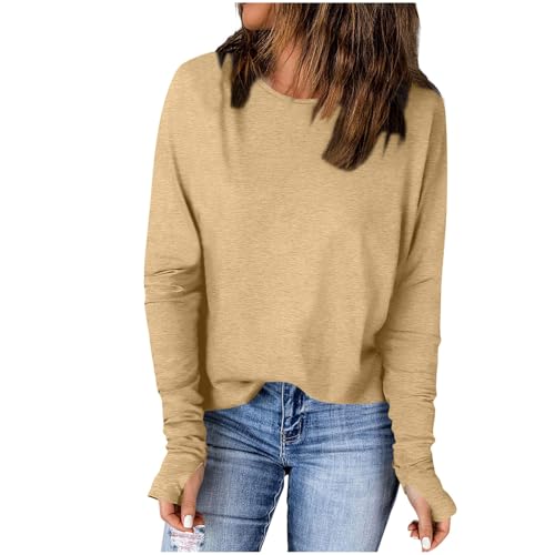 FGVFCS Camiseta de verano para mujer, de manga larga, cuello redondo, color liso, a juego, blusa de moda para mujer, mangas raglán, casual, holgadas, para mujer, camiseta básica clásica, 01 Caqui, M