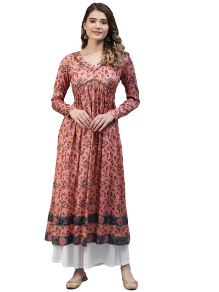 Myaza Women Peach Digital Floral Printed Kurta Dress with Beads Stone Work on Neck, Pink, 2XL