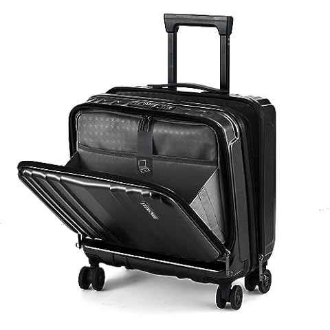 TydeCkare 16" Carry on Luggage with 2 Laptop Compartments, Lightweight Hardshell ABS+PC Suitcase with Dual Control TSA Lock, with YKK Zipper, 4 Spinner Silent Wheels, for Business Travel, Black Cover
