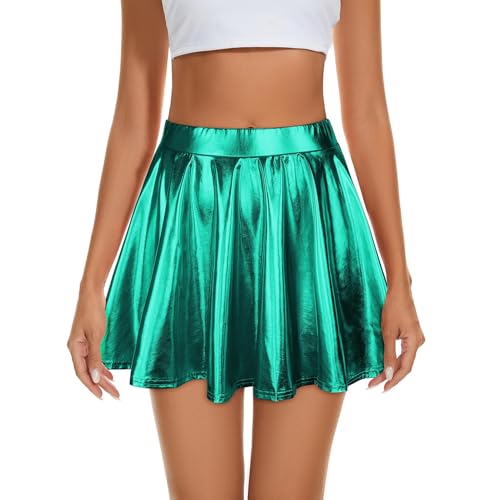 Durio Damen Rock Kurze Metallischer Faltenrock Mini Skater Rock Glitzer Rave Party Hohe Taille Elastischer Plisseerock Grün M