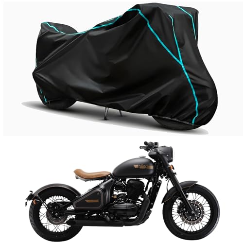 Image of Waterproof Bike Body Cover Compatible for | Jawa Perak STD | Taffeta Fabric, Sky Piping Design, Bottom Elastic Fit | Dustproof, Sun UV & Rain Protection for All Weather.