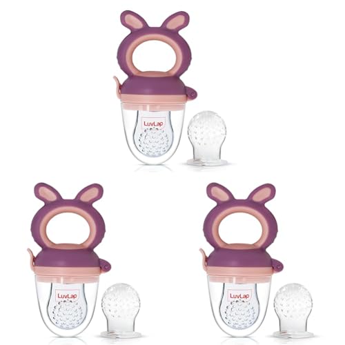Image of LuvLap Silicone Food /Fruit Nibbler with Extra Mesh, Soft Pacifier /Feeder, Teether for Baby, Infant, Bunny Violet & Pink (Pack of 3)