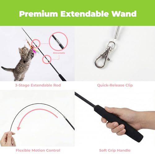 Image of Catify Meow Chase Playset, Retractable Cat Wand Toy with 6 Feather Teaser Cat Toys Attachment, Flexible Cat Teaser Wand for Indoor Cats and Kittens, Cat Fishing Pole Style Toy for Exercise and Bonding