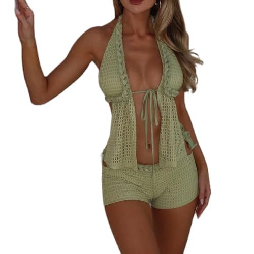 Women Crochet Two Piece Outfits Halter Mesh Top Shorts Cover Up Summer Beach Vacation 2 Piece Set