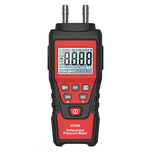 Odorkle Digital Manometer, Handheld HVAC Gas Pressure Tester Data Storage for Industrial, Lab, Airflow and Filter Diagnostics (HT636 Differential Pressure Tester English Version)