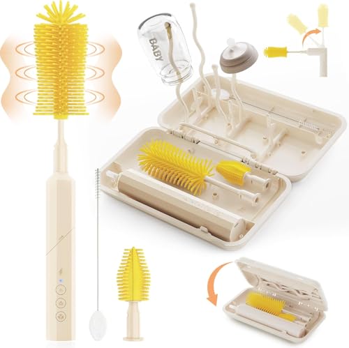 Image of Electric Bottle Brush Cleaner, 7in1 Rechargeable Electric Bottle Brush & Drying Rack, 90° Folding Elctric Baby Brush Cleaner, Straw Cleaner, Baby Drying Rack, Travel Cleaning kit (8, Yellow)