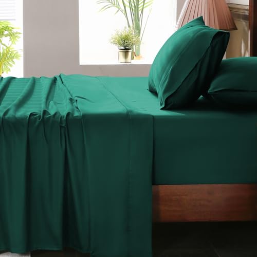 Image of Extra Deep Pocket Queen Sheets 18-24 Inch 100% Egyptian Cotton 1000 Thread Count Sateen Weave Soft Breathable 4 Pieces(Queen,Dark Green)
