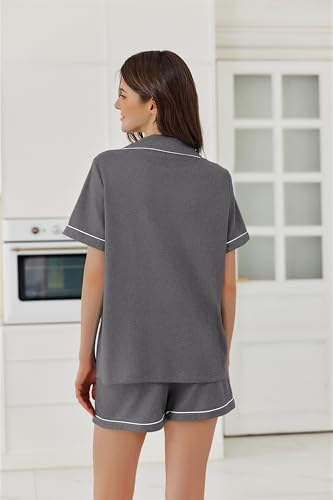 Image of Ekouaer Womens Waffle Knit Pajama Sets Soft Short Sleeve Button Down Sleepwear Cozy 2 Piece Pjs Shorts Set
