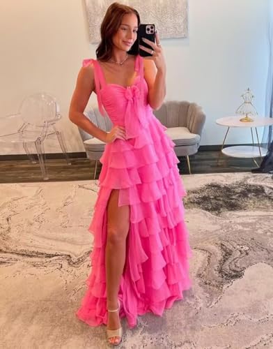 MYDRESS Tiered Prom Dresses 2025 with Slit Pleated Spaghetti Straps Long Chiffon Cocktail Dresses for Women - Image 3