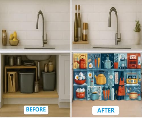 Image of DARSHANAM WORLD Modern Printed Kitchen Sink Curtain | Kitchen Under Sink Curtain | Decorative Cabinet Cover | Washable & Dustproof (2, Kettle)