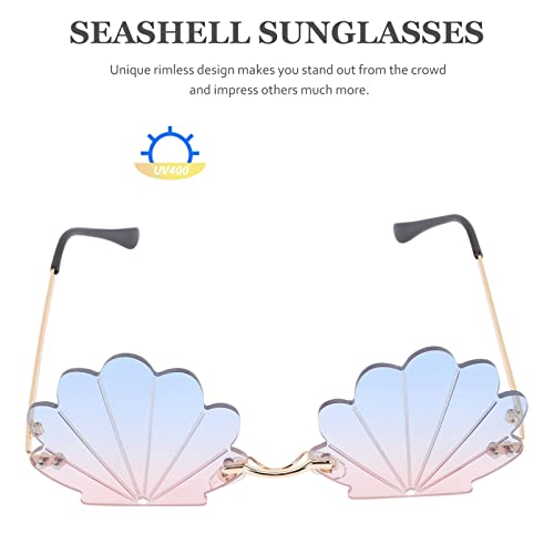 Kisangel Frameless Seashell Sunglasses Shell Shaped Eyeglasses Party Fun Sunglasses Rimless Eyeglasses for Girls Women,Blue and Pink4