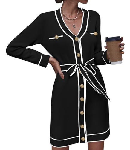 Pink Queen Women's Long Sleeve Button Down Mini Dress Elegant V Neck Open Front Color Block Knit Sweater Cardiagns with Belt