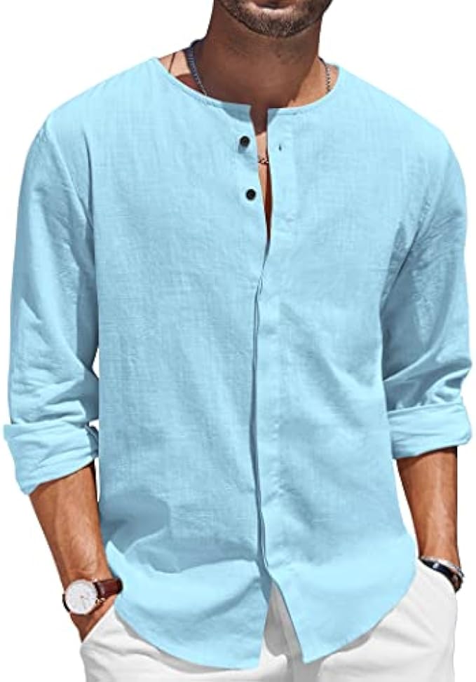 COOFANDY Men's Cotton Linen Shirt Long Sleeve Button Down Casual Beach Shirt
