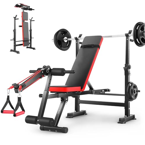 6-in-1 Adjustable Weight Bench Set Bench Press with Squat Barbell Rack/Removable Foot Catch/Rowing Set Ideal for Incline, Flat, Decline, and Sit Up Full Body Exercise Equipment