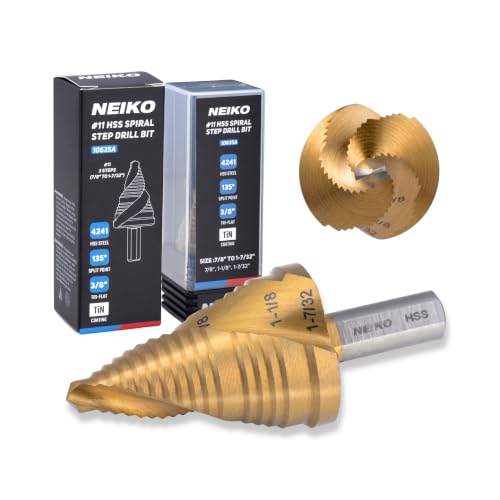 Image of NEIKO 10635A Step Drill Bit, 3 Steps 7 /8 inch to 1-7 /32 inch Spiral High Speed Steel, Titanium Nitride Coated, 3 /8 inch Tri Flat Step Bits for Steel, Metal, Wood, Plastic, Unibit Cone Drill Bits, Two Flute