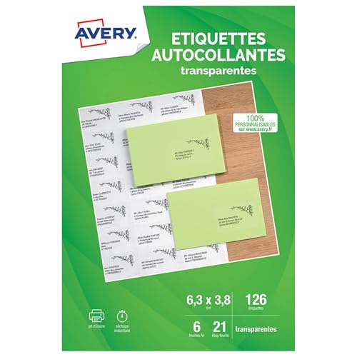 AVERY - Pochette de 126 étiquettes transparentes autocollantes. Personnalisables et imprimables....