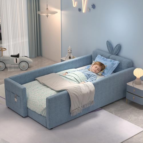 Image of Twin Size Bed Frame for Kids, Upholstered Daybed Frame Floor Bed with Safety Rails and Storage Pocket Cute Rabbit Ear Shaped Headboard for Kids Teens Boys Girls, Blue