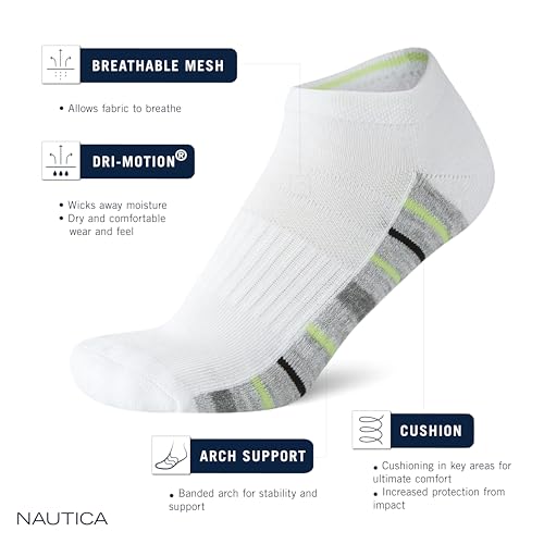 Image of Nautica Womens No Show Socks Moisture Wicking Ankle Low Cut Socks, 12 Pack | Moisture Wicking Dri-Motion Fabric, Cushioned Key Areas, Banded Arch Support, No Show Low Cut, Shoe Size 4-10