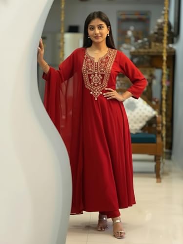 Image of ANNI Designer Women Viscose Embroidered Anarkali Kurta with Palazzo and Dupatta | Ladies Kurta Palazzo Dupatta Set | Ethnic Wear Indian Traditional Clothing for Women
