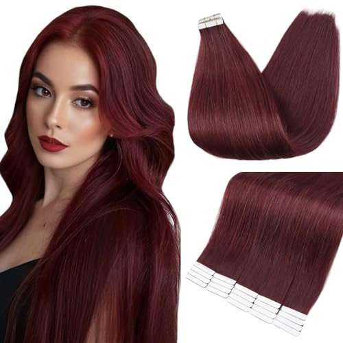 Image of Full Shine Tape Ins Human Hair Extensions, Mulberry Wine 24 Inch | 50g 20PCS, Brazilian Invisible Remy Tape in Extensions Human Hair Seamless Skin Weft Aesthetic Appeal for Wedding