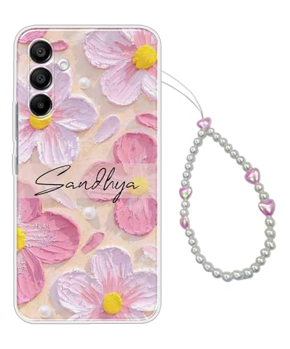 Image of COBERTA Name Customized Back Cover for Samsung Galaxy A15 5G Back Cover Personalized Case with Phone Charm Chain Strap Beads & Pearls for Girls Stylish - Pink Floral Flower Heart - CUSTD16689