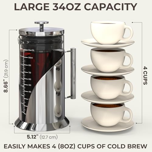Image of Cafe du Chateau Cold Brew Coffee Maker - 34 Ounces - 304 Grade Stainless Steel Filter - Borosilicate Glass Body - Iced Coffee Maker - Dual Layer Airtight Silicone Seals