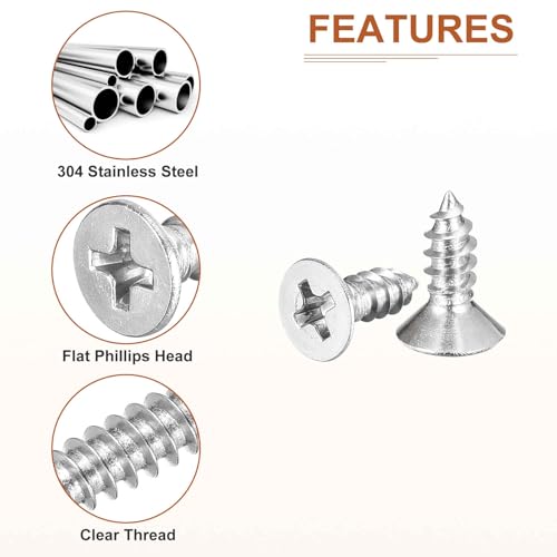 Image of DTGN 50Pcs #6x3 /8 inch Flat Head Wood Screws, 304 Stainless Steel Phillips Self Tapping Screws - Good for Woodworking, Furniture - Silver