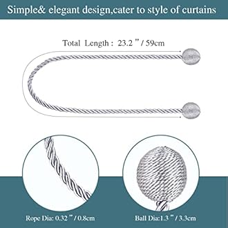 2 Pack Curtain Tiebacks Elegant Decorative Curtain Tie Backs Rope Curtain Holders for Drapes Window Treatment Holdbacks for Drapes or Curtains, Grey