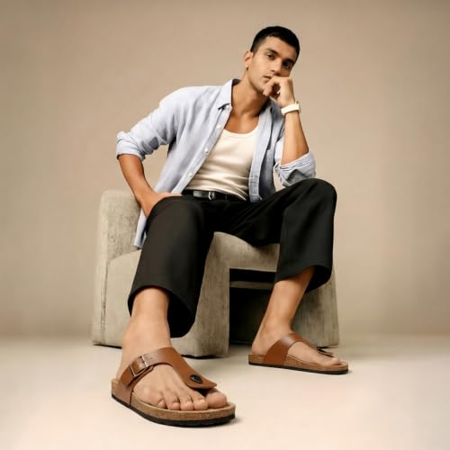 Image of YOHO Sandals for Men | Leather Thong Sandals with Cork Footbed for Daily Wear- SDL