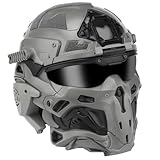 Tactical Full Face Airsoft Helmet with Detachable Mask, Flip-Up HD Lens & Built-in Communication Headset, Adjustable Fit for Paintball, Airsoft & Outdoor Activities(Gray)
