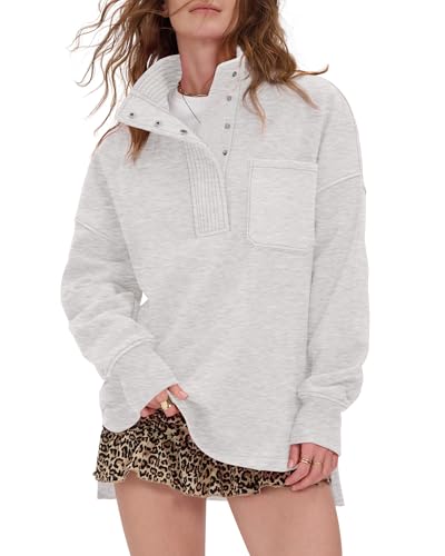 Locachy Womens Casual Oversized Sweatshirt Long Sleeve Button Henley Neck Pullover Tops Fashion Outfits Clothes Light Grey S