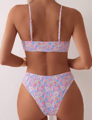 YIMISAN Two Piece Bikini Set for Women Floral Print Lace Trim Push Up Swimsuit Cheeky Bathing Suit3