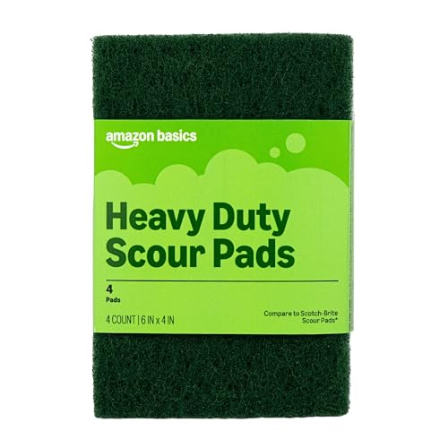Amazon Basics Heavy Duty Scour Pads, Dish Scrubber for Kitchen + Outdoor, 4 Count, Pack of 1