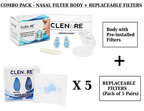 Image of Clenare Washable and Reusable Invisible Pre-installed Pollution Filter Body Nose Mask (Small Round) - 1 Filter Body + 5 Replacement Filters Combo Pack